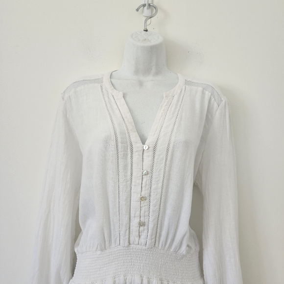 Rails Jasmine Smocked Waist Long Sleeve Linen Blend White Dress Size Large - Picture 4 of 16